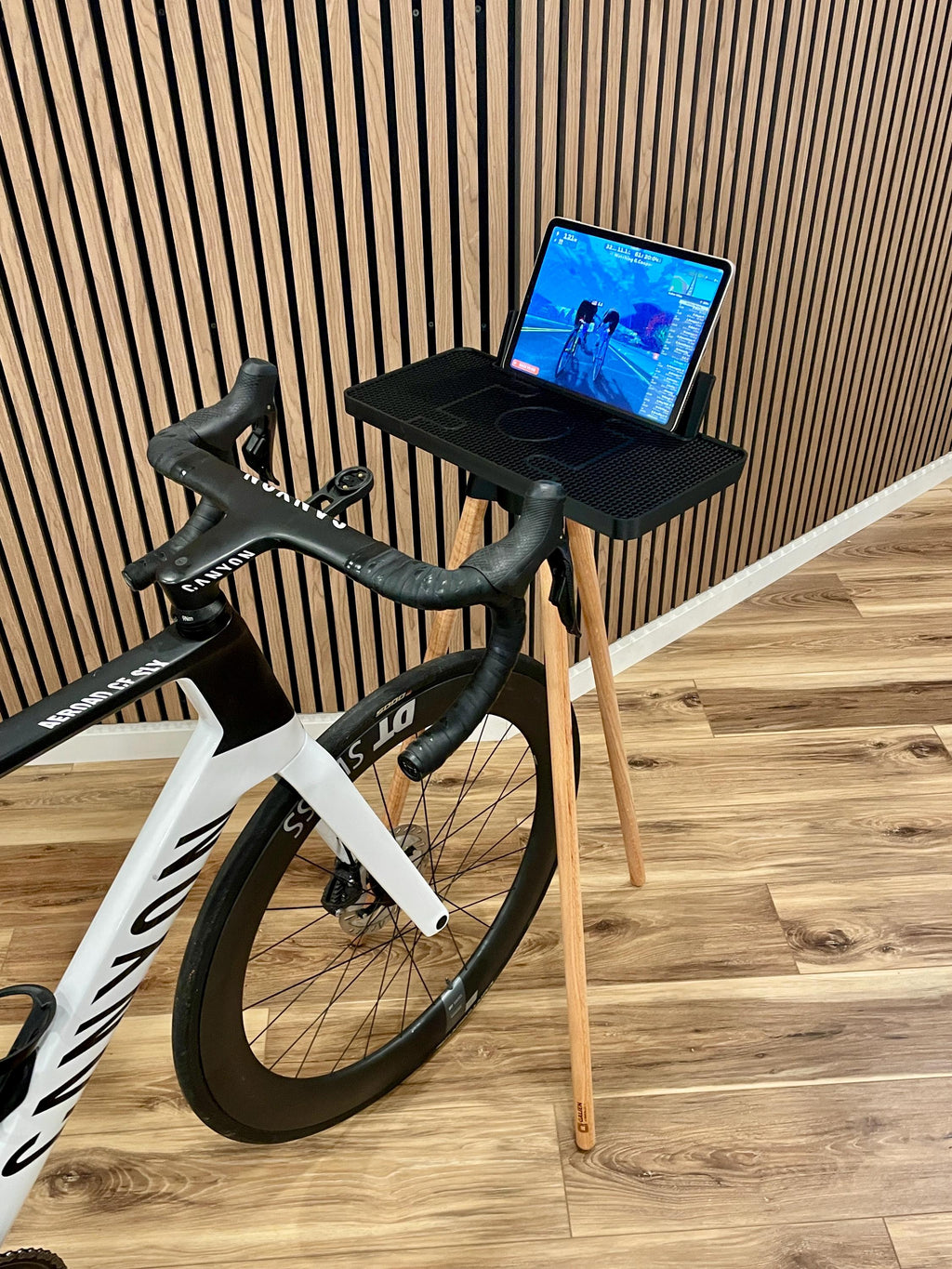 iPad Stand, Indoor Cycling Desk, Maine Oak Legs, for Zwift, Home Gym