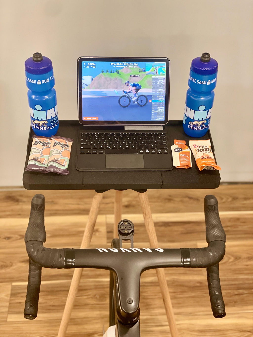Wide Indoor Cycling Desk: Oak Wood Legs, Bioplastic Top, Minimalist Home Gym, Zwift Stand for Laptop and iPad