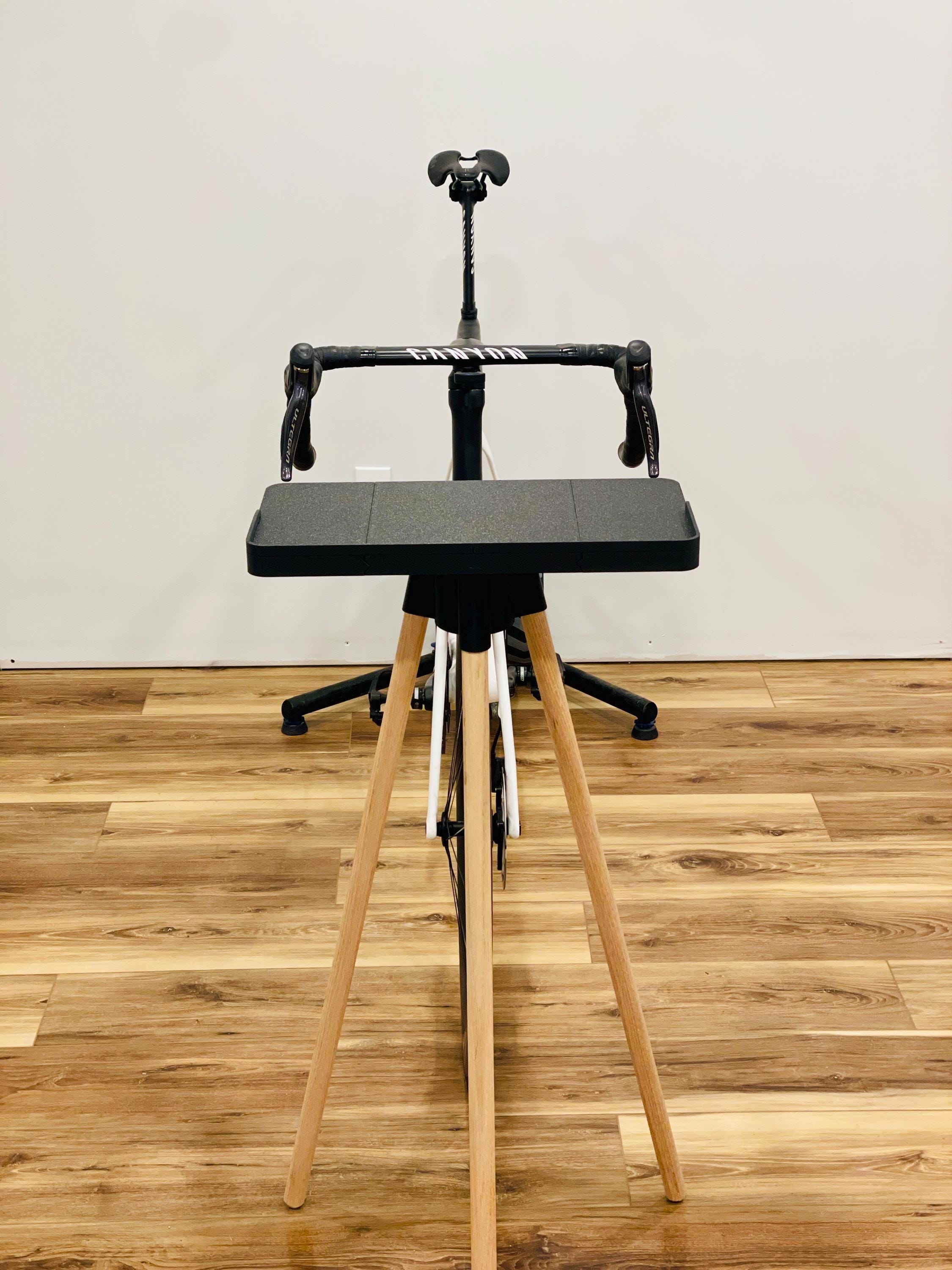 Indoor Cycling Desk: Oak Wood Legs, Bioplastic Top, Minimalist Home Gym, Zwift Stand for Laptop and iPad