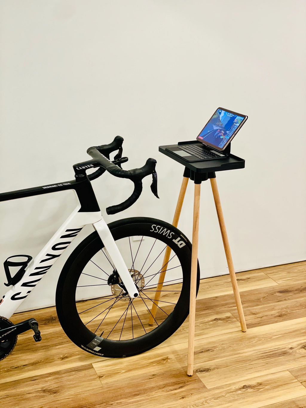 Wide Indoor Cycling Desk: Oak Wood Legs, Bioplastic Top, Minimalist Home Gym, Zwift Stand for Laptop and iPad