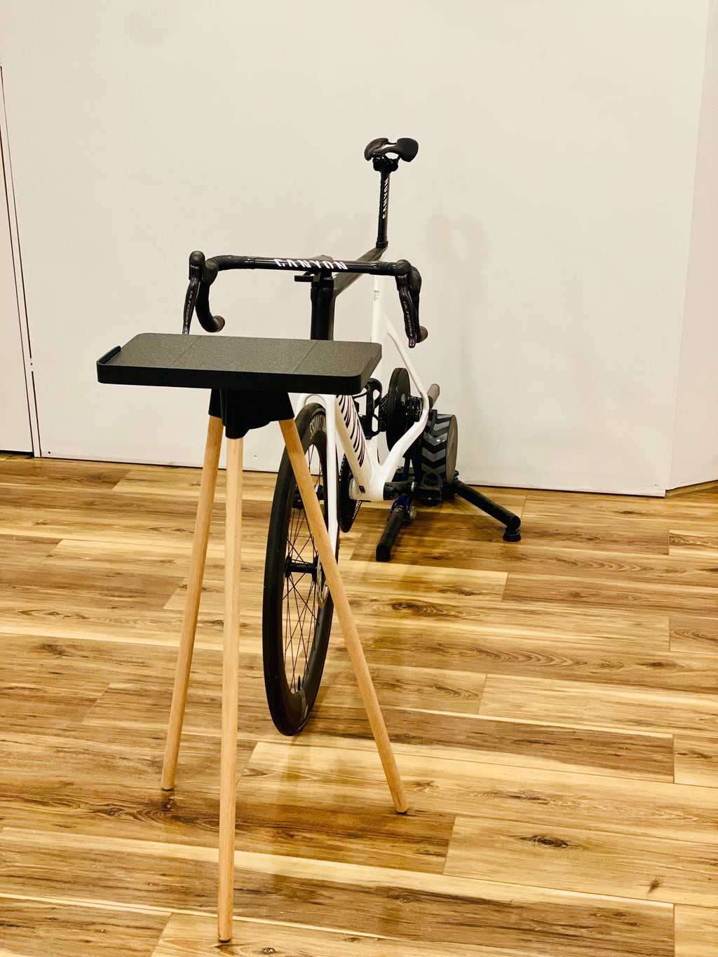 Indoor Cycling Desk: Oak Wood Legs, Bioplastic Top, Minimalist Home Gym, Zwift Stand for Laptop and iPad