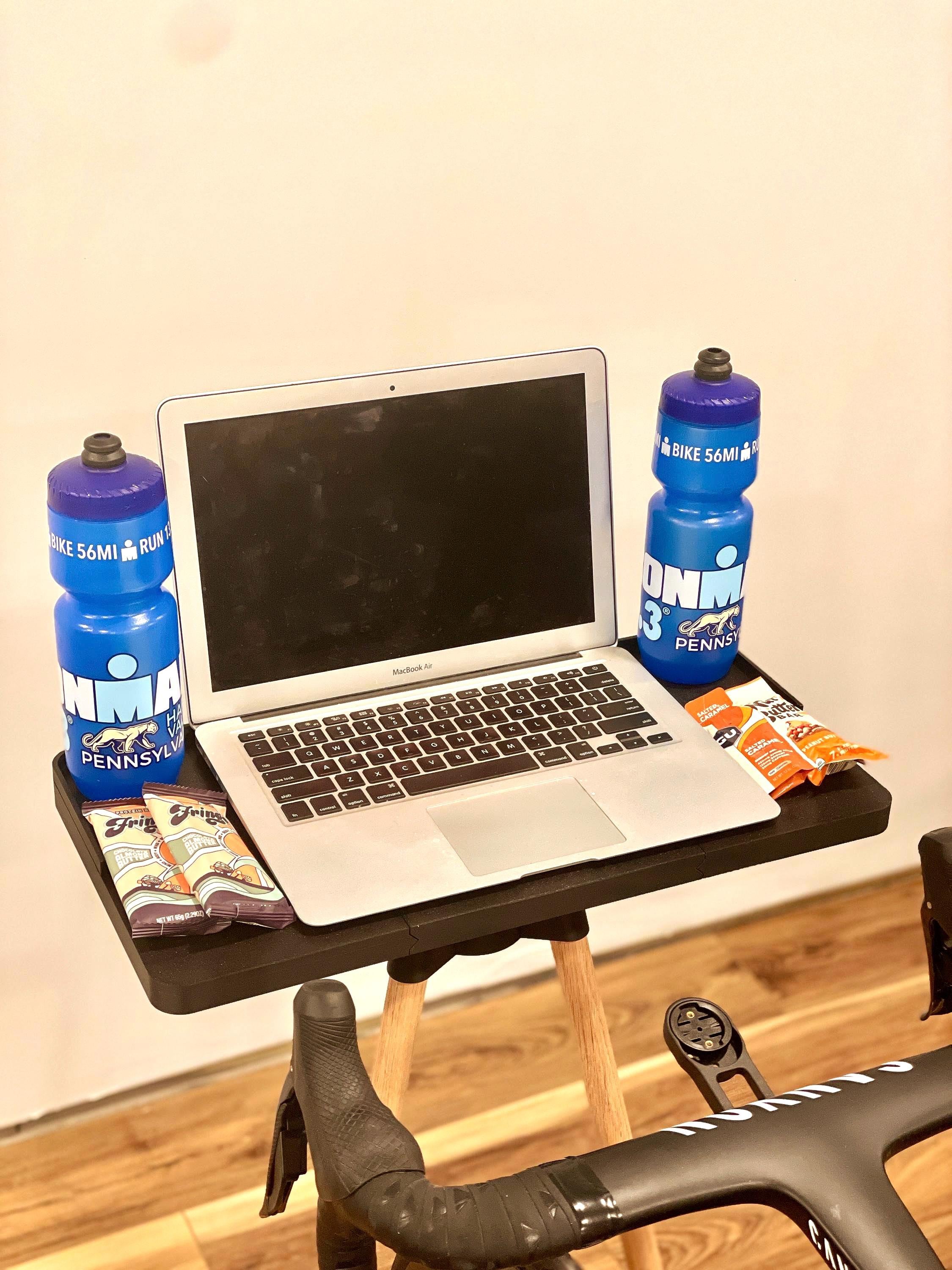Wide Indoor Cycling Desk: Oak Wood Legs, Bioplastic Top, Minimalist Home Gym, Zwift Stand for Laptop and iPad