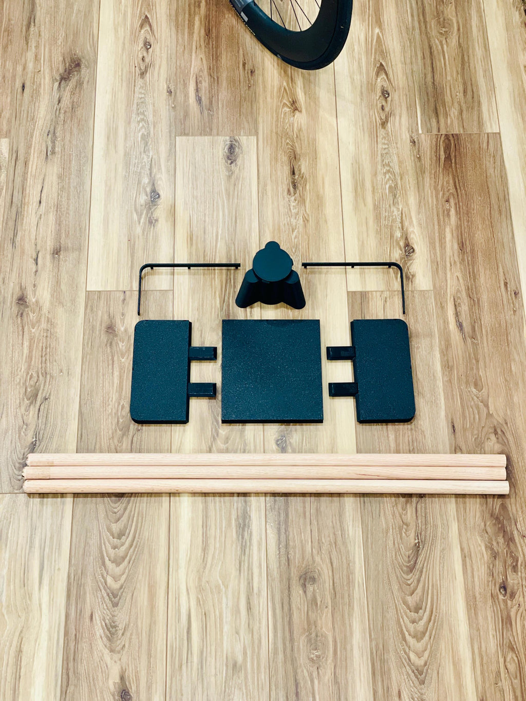 Wide Indoor Cycling Desk: Oak Wood Legs, Bioplastic Top, Minimalist Home Gym, Zwift Stand for Laptop and iPad