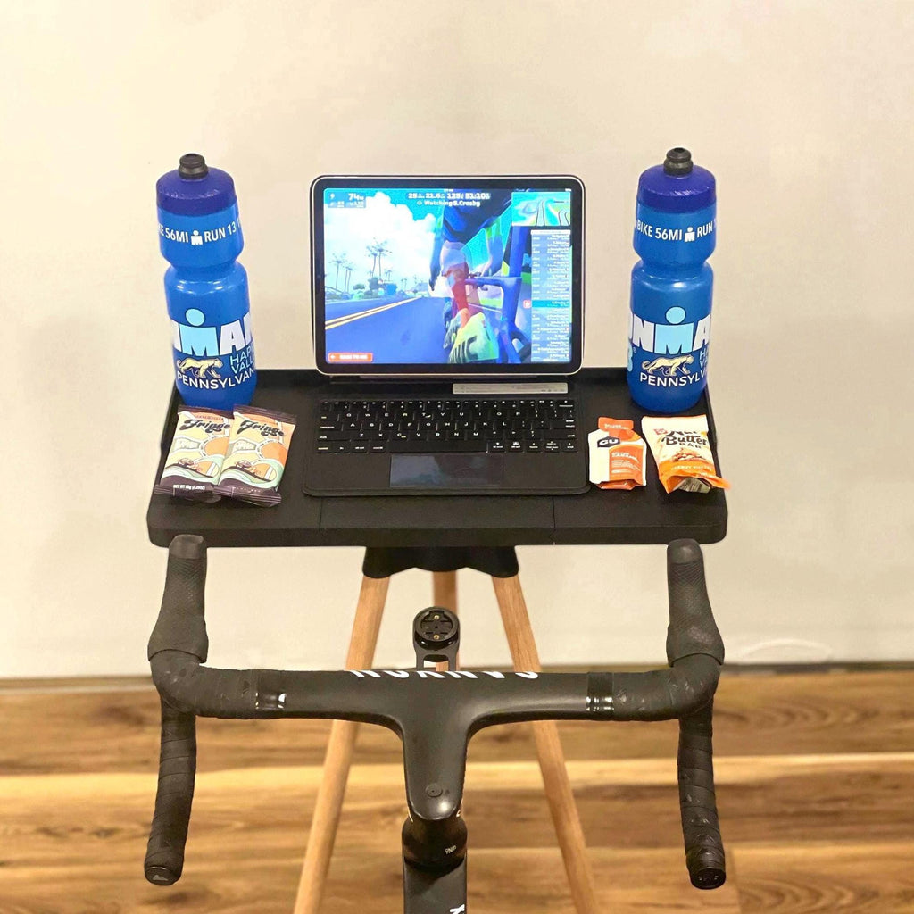Wide Indoor Cycling Desk: Oak Wood Legs, Bioplastic Top, Minimalist Home Gym, Zwift Stand for Laptop and iPad