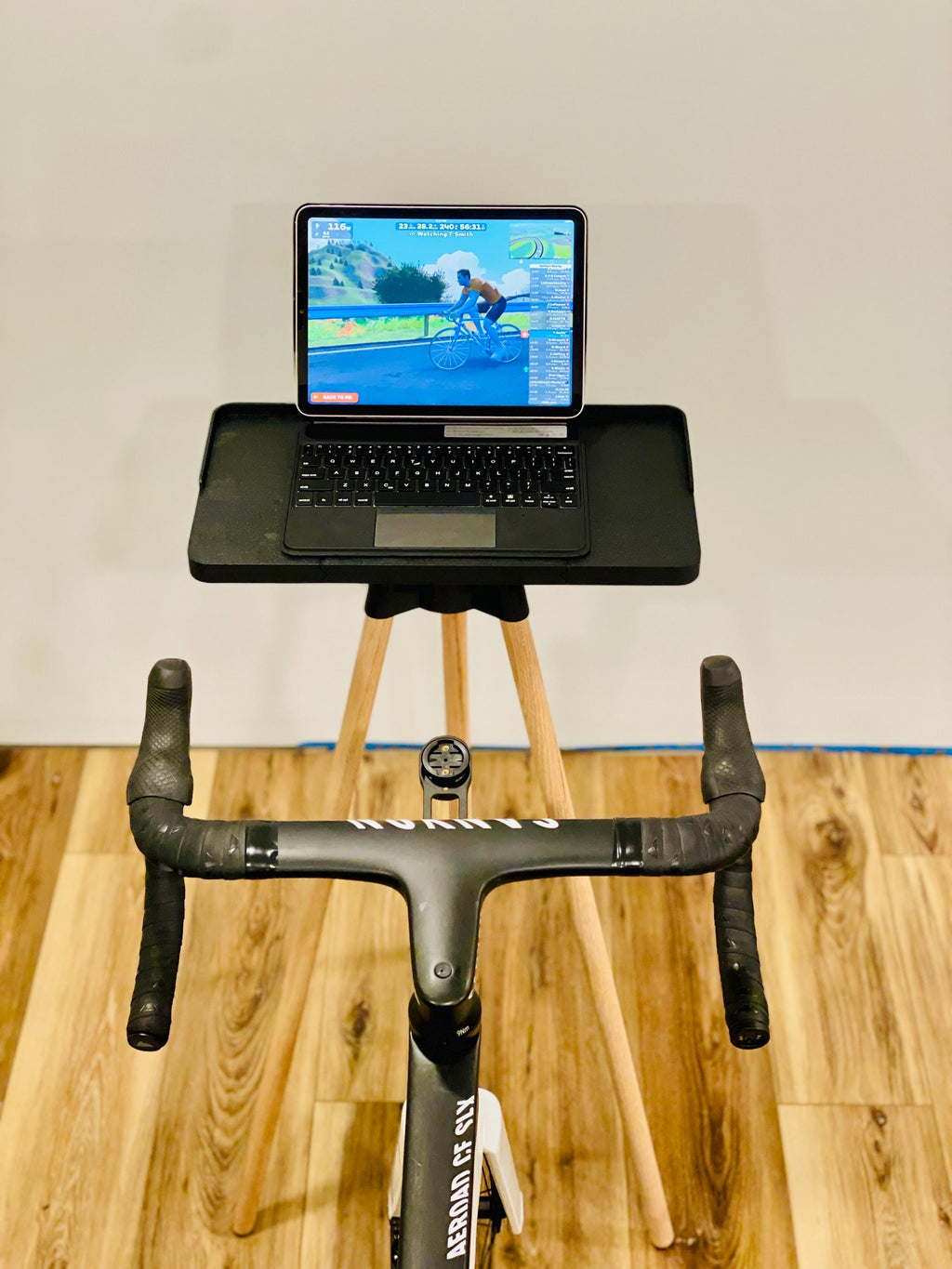 Indoor Cycling Desk: Oak Wood Legs, Bioplastic Top, Minimalist Home Gym, Zwift Stand for Laptop and iPad