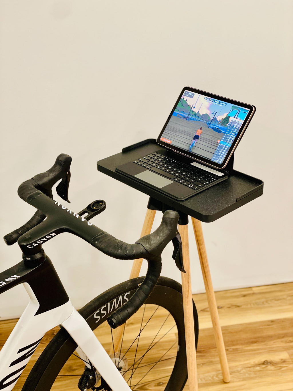 Indoor Cycling Desk: Oak Wood Legs, Bioplastic Top, Minimalist Home Gym, Zwift Stand for Laptop and iPad