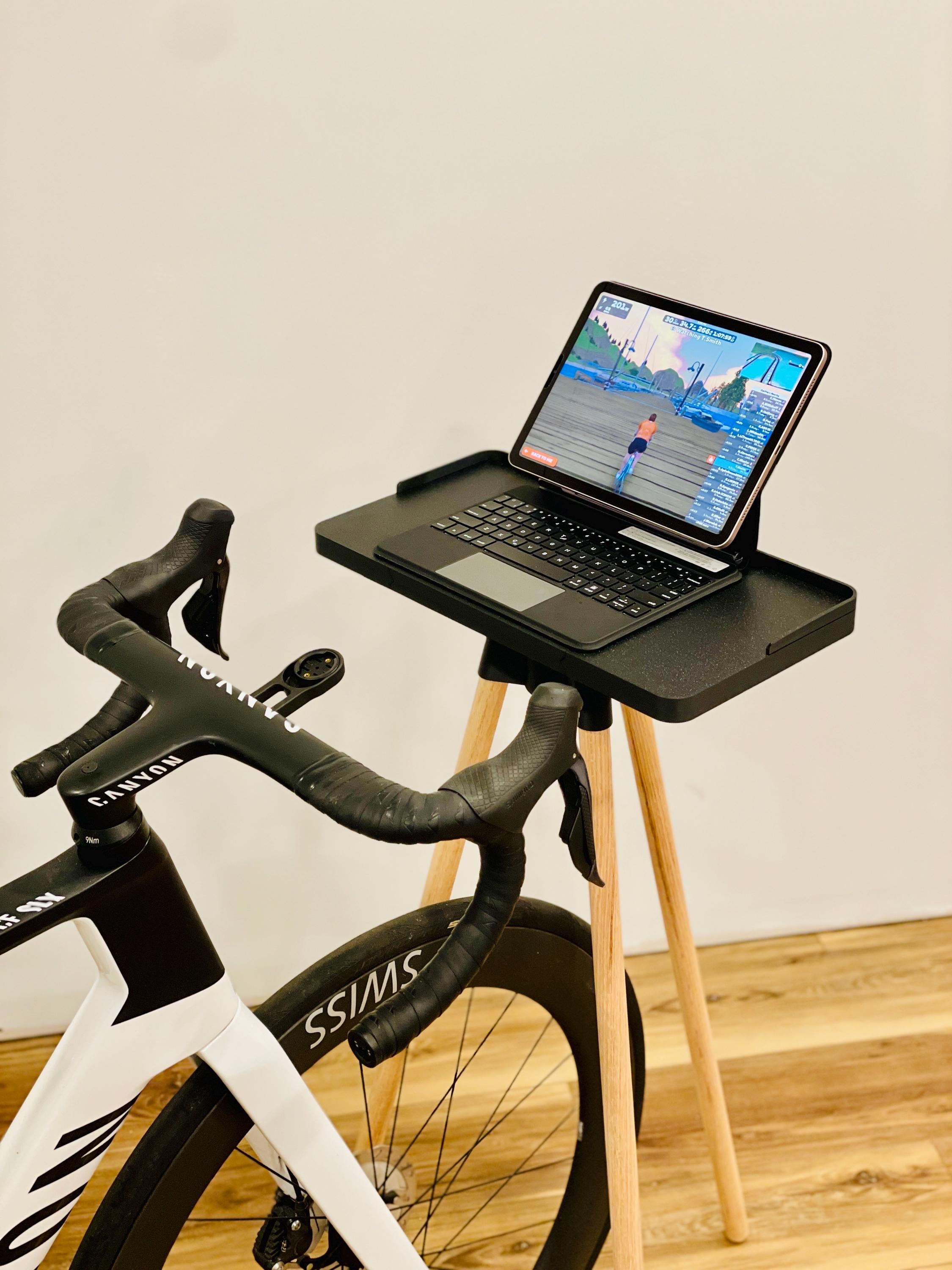 Indoor Cycling Desk: Oak Wood Legs, Bioplastic Top, Minimalist Home Gym, Zwift Stand for Laptop and iPad