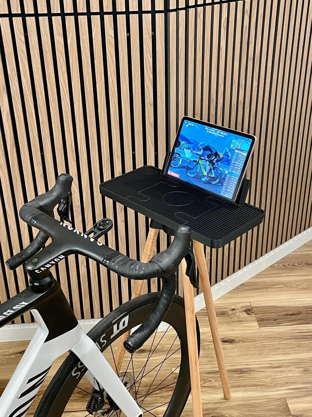 iPad Stand, Indoor Cycling Desk, Maine Oak Legs, for Zwift, Home Gym