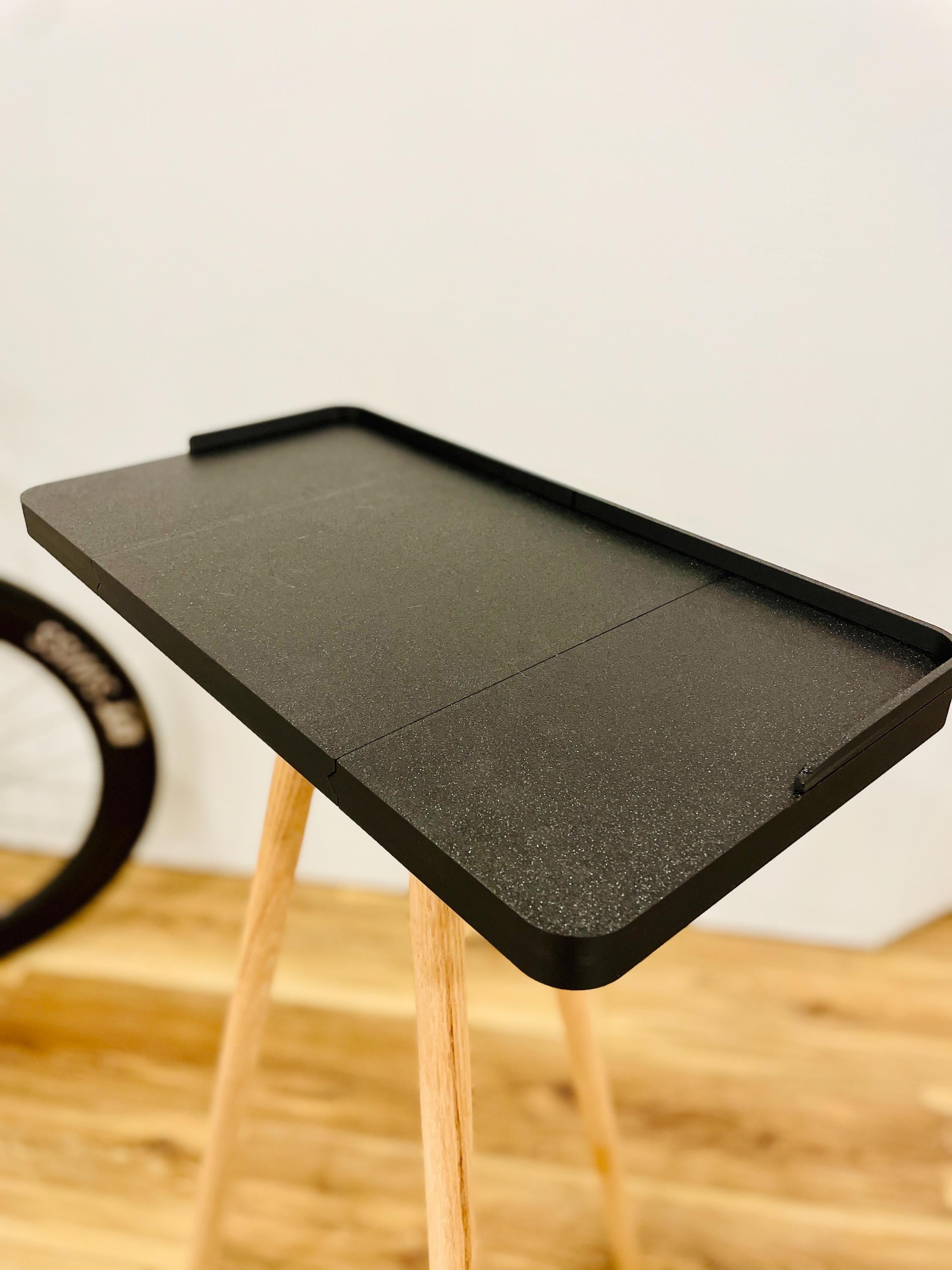 Indoor Cycling Desk: Oak Wood Legs, Bioplastic Top, Minimalist Home Gym, Zwift Stand for Laptop and iPad