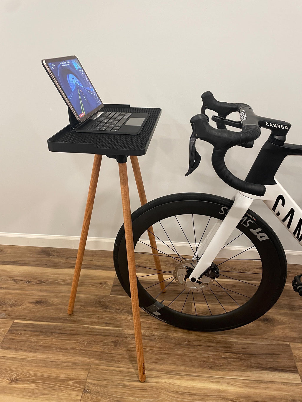 Indoor Cycling Desk: Laptop Stand, Maine Oak Legs, Perfect for Zwift, Home Gym